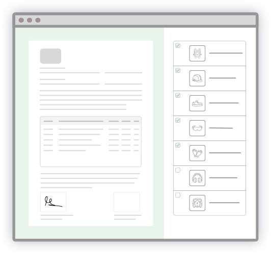 Hoja de registro de entrega de epis, donde se muestra el selector y el documentos de entrega