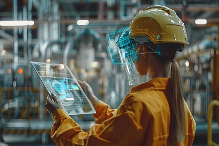 Se ve un operario con interacción digital con sus epis, representa la digitalización epis.